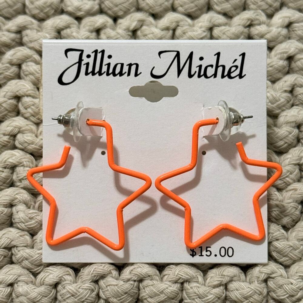 New Jillian Michel Open Frame Star Earrings in Neon Orange